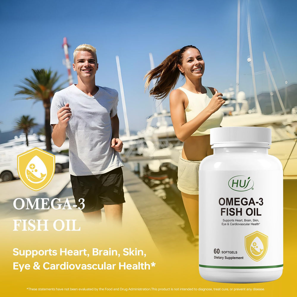 HUJ Omega-3 softgels bottle and packaging highlight