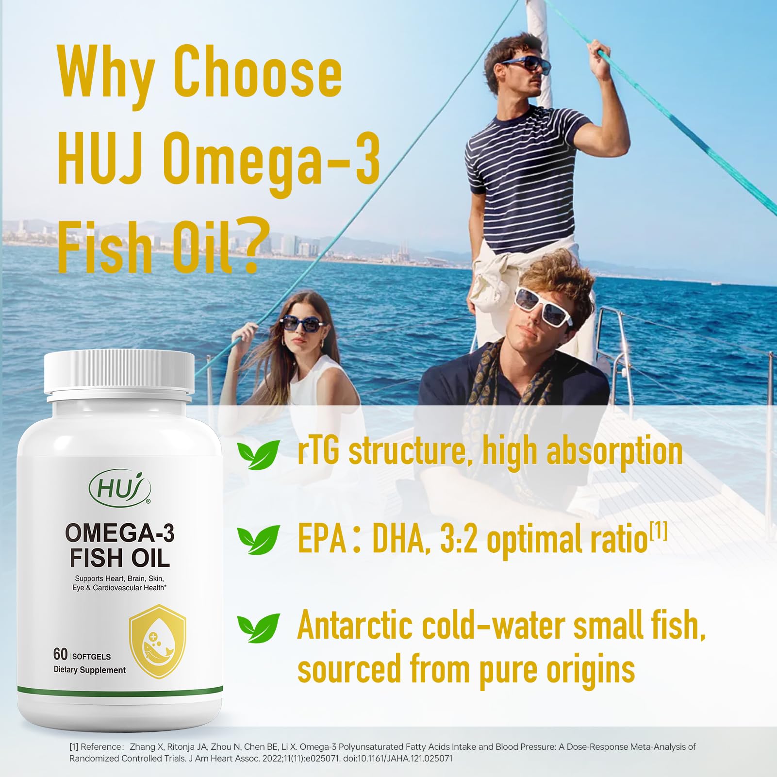 HUJ Omega-3 softgels showing EPA, DHA, DPA profile