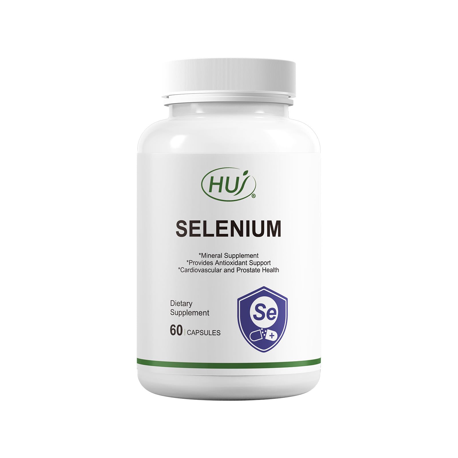 HUJ selenium bottle front showing 60 capsules for daily antioxidant support