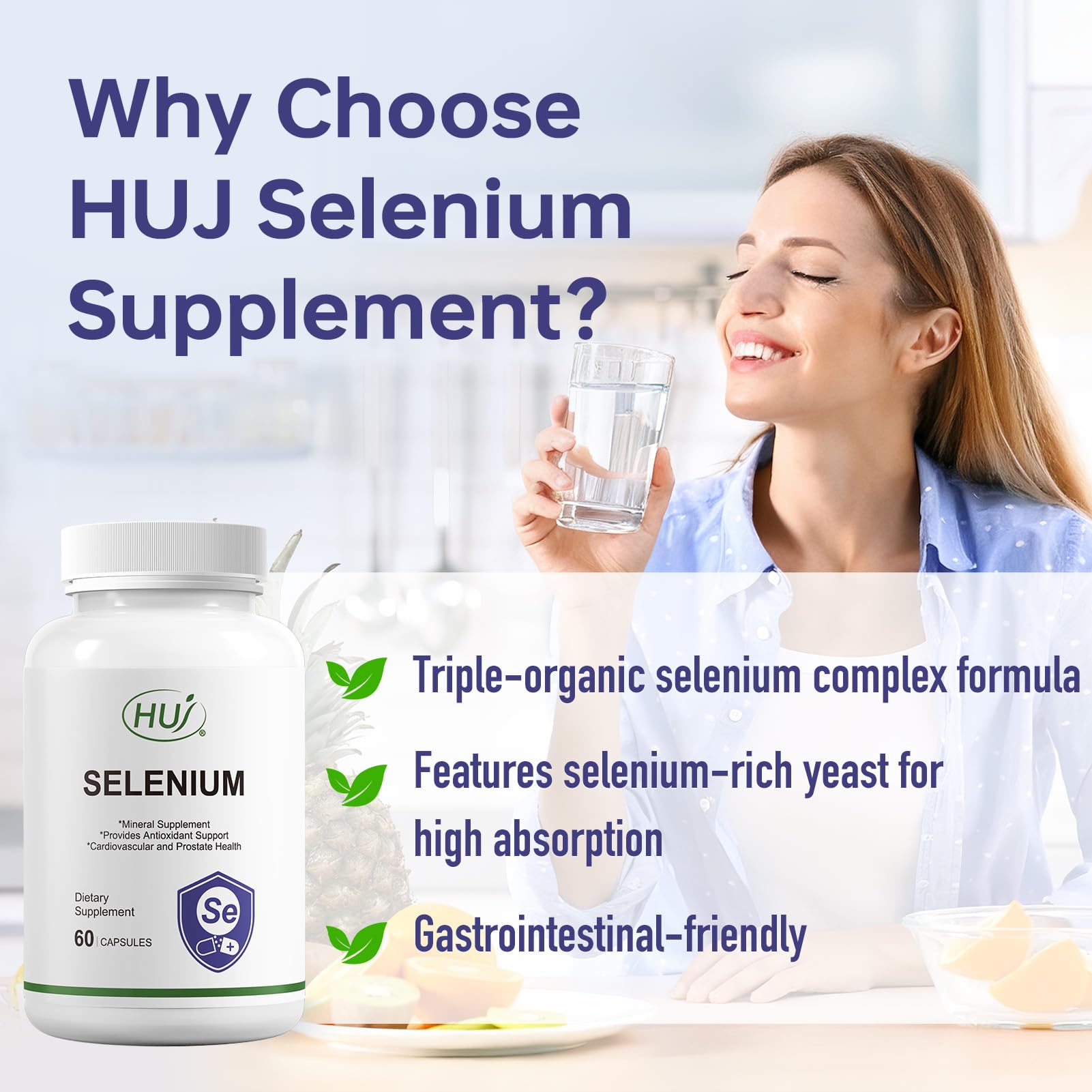 HUJ selenium bottle label highlights multi-source selenium formula