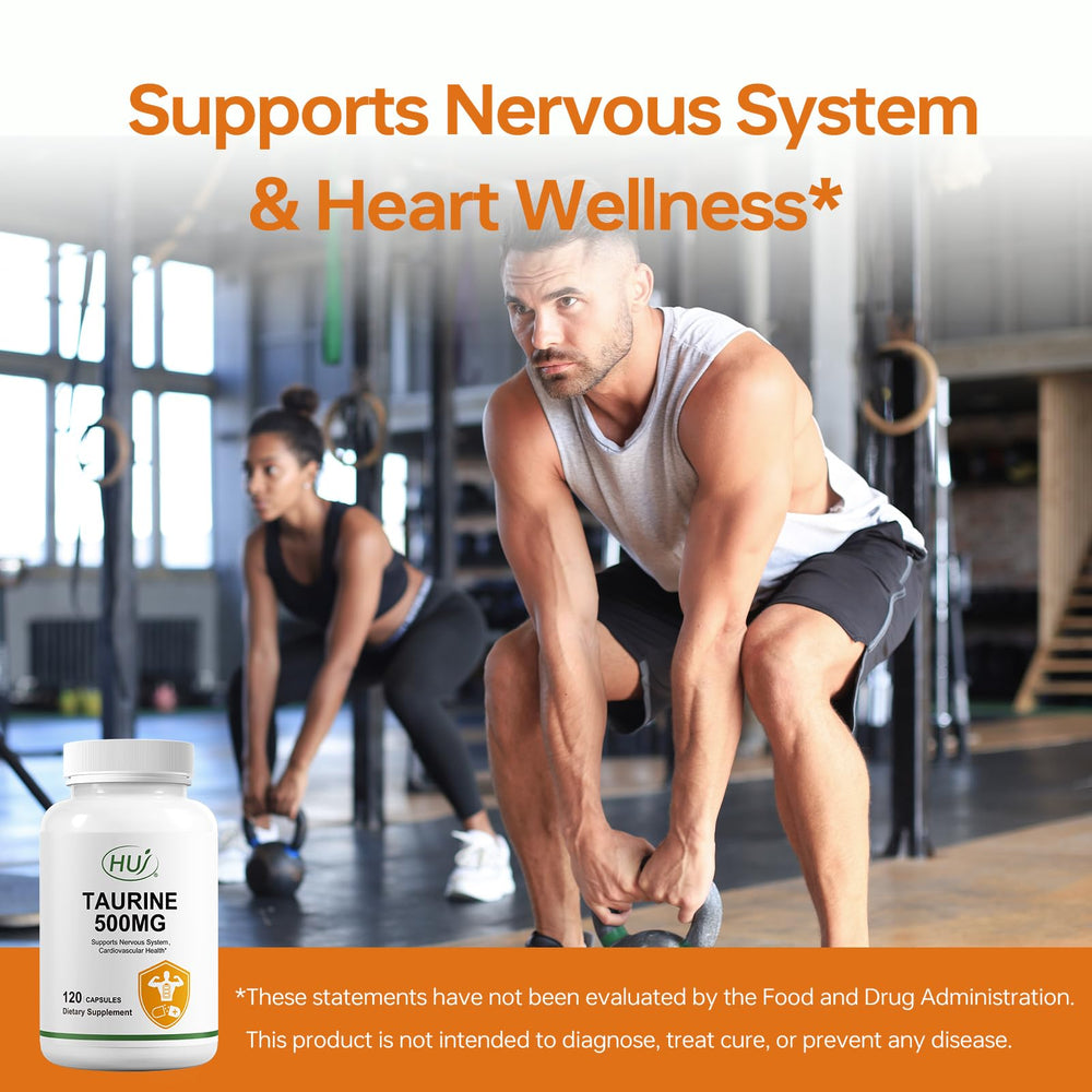 HUJ Taurine Capsule label highlighting hormone-free and artificial-color-free formula.