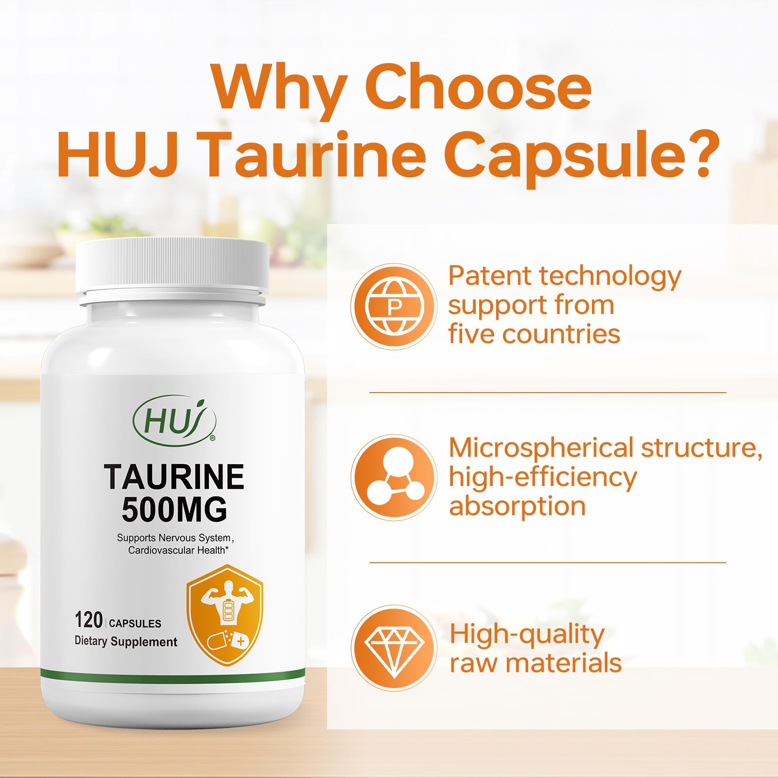 HUJ Taurine Capsule packaging shown for easy daily use before meals or bedtime.