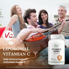 HUJ Vitamin C 500mg capsules closeup highlighting high-dose antioxidant benefits.