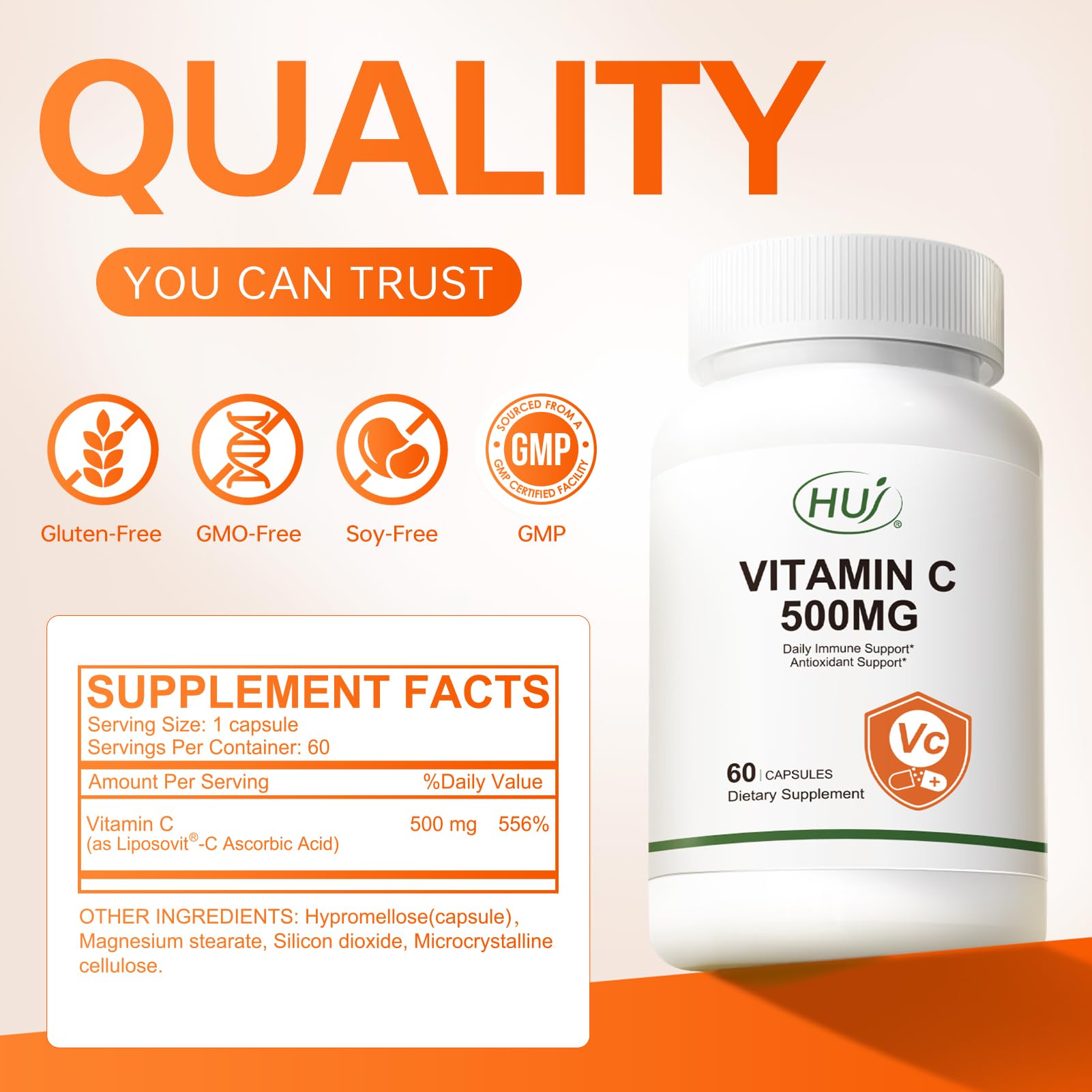 HUJ Vitamin C 500mg USA manufacturing label indicating strict quality control.
