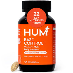 Hum Base Control for Women bottle promoting daily wellness and balanced nutrition.