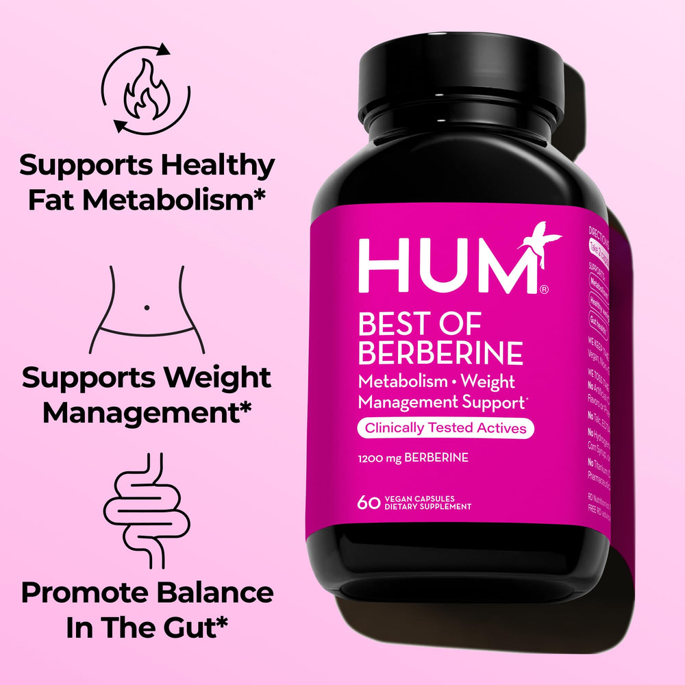 Close-up of HUM Best of Berberine capsules for easy daily gut balance support.