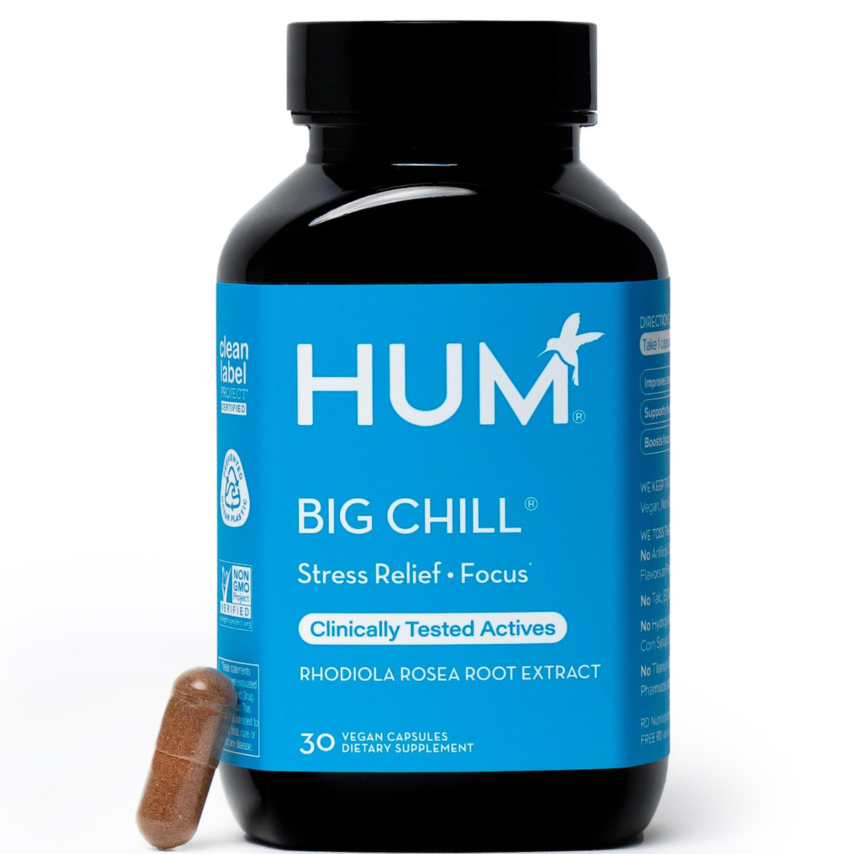 HUM Big Chill rhodiola bottle shows label for daily balance and focus