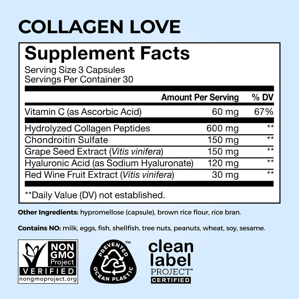 HUM Collagen Love Skin packaging box presents a clean-label daily supplement
