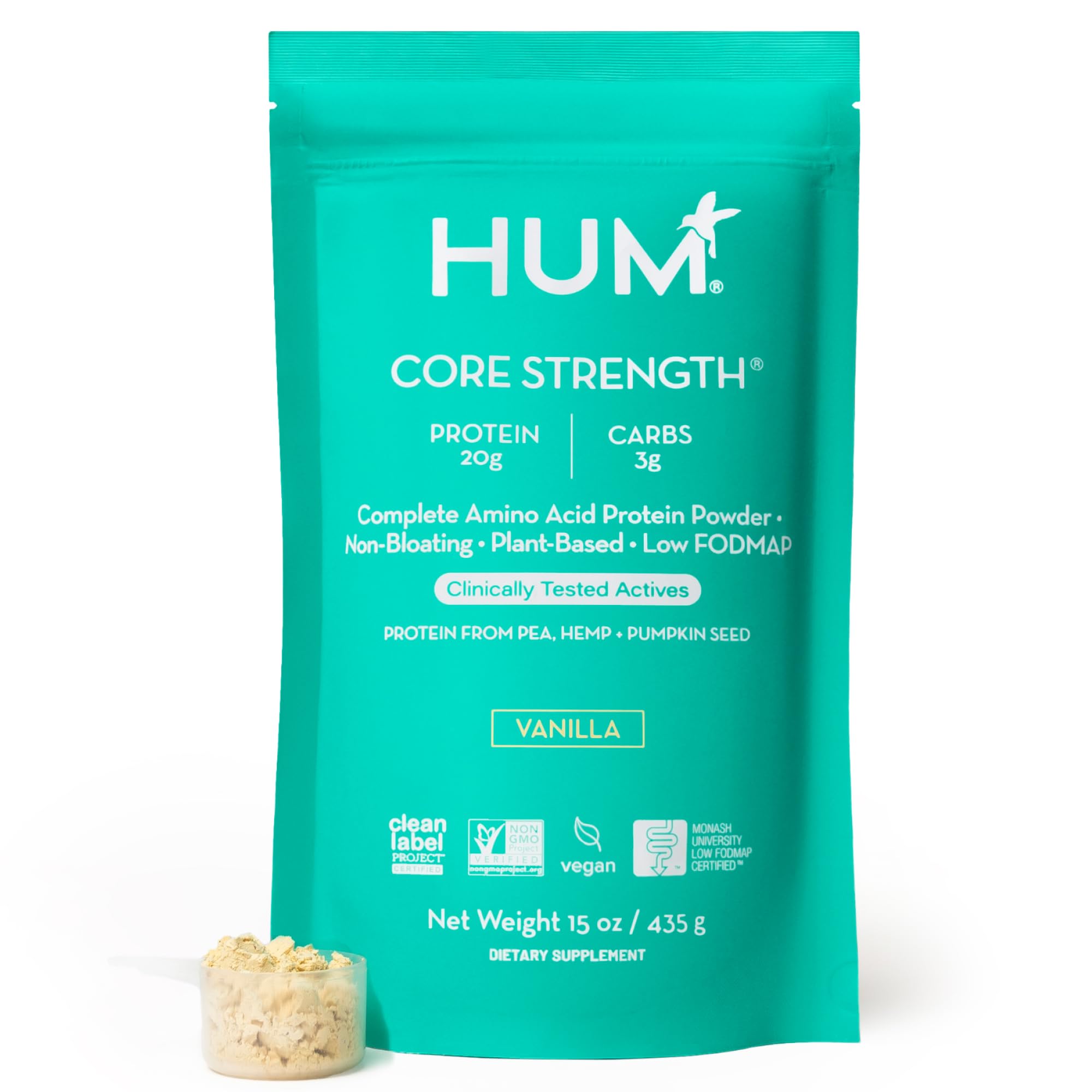 HUM Core Strength vanilla protein bag visual highlighting plant-based fueling