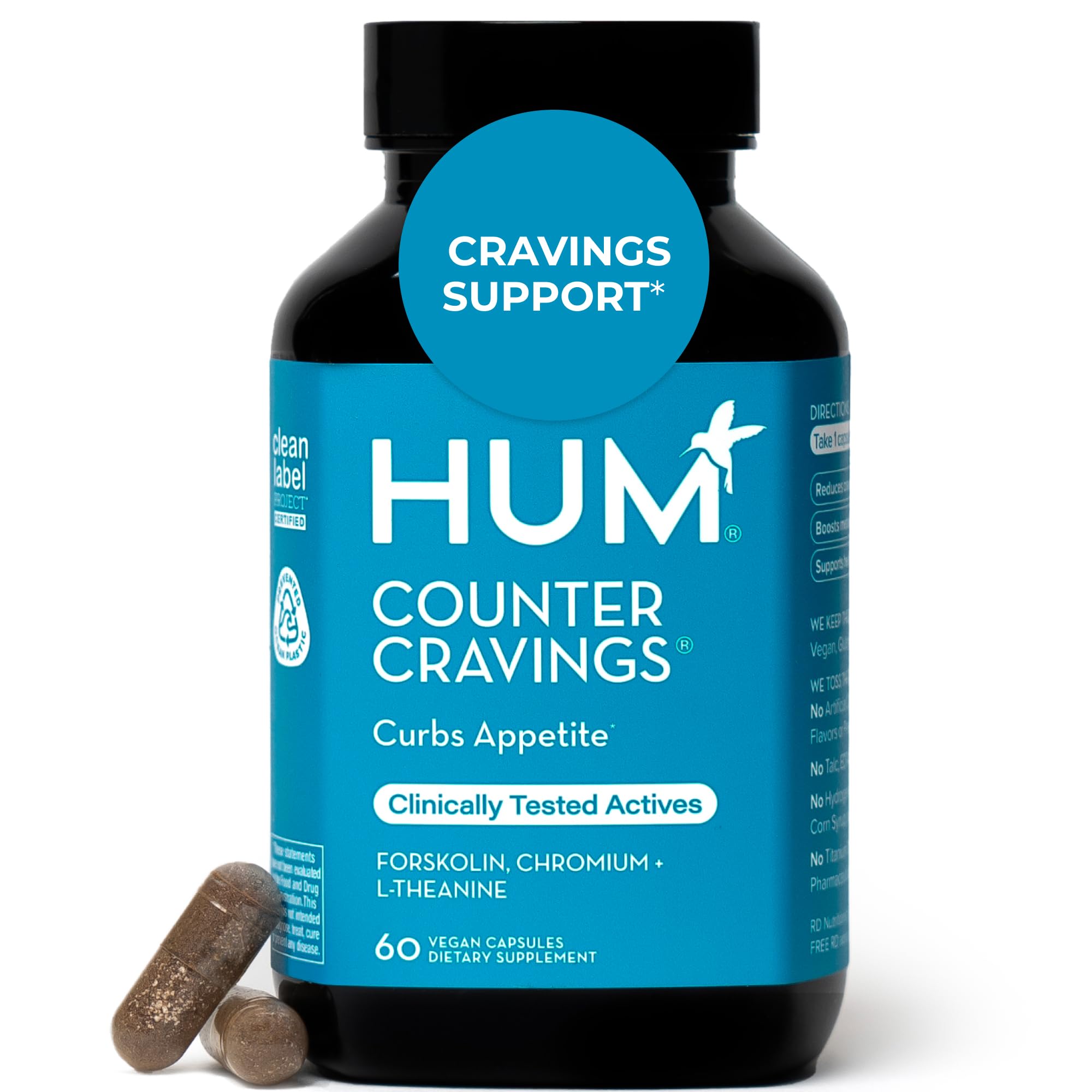 HUM Counter Cravings bottle: plant-based daily supplement for routines.