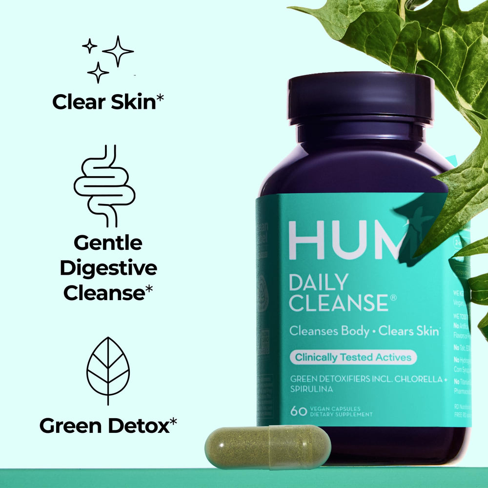 Hum Daily Cleanse bottle side showing ingredients and vegan formulation.