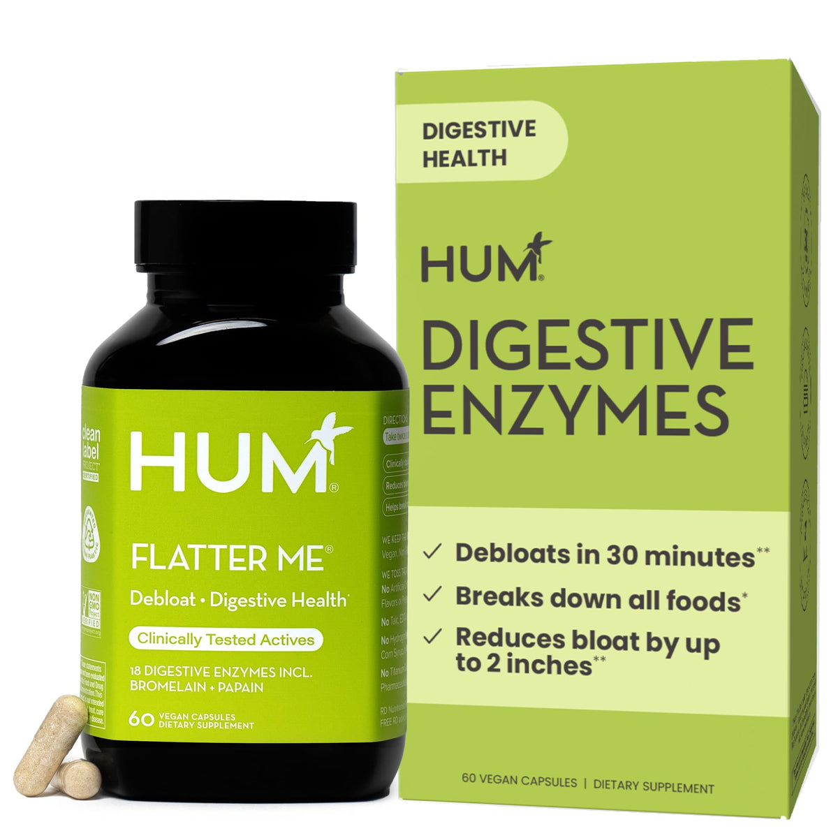 HUM Flatter Me bottle close-up showing fast bloating support after meals
