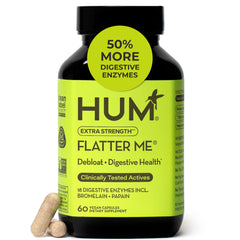 HUM Flatter Me bottle front view showing fast-acting digestive enzymes for debloating.