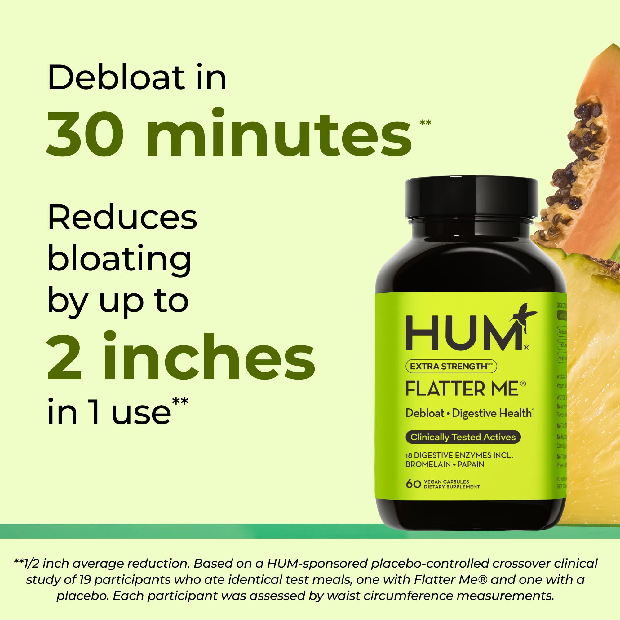 Close-up of HUM Flatter Me capsules highlighting enzyme blend.