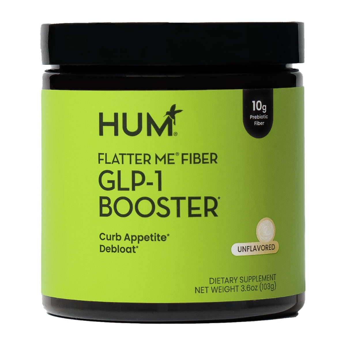 HUM Flatter Me fiber powder tub front view for on-the-go appetite control