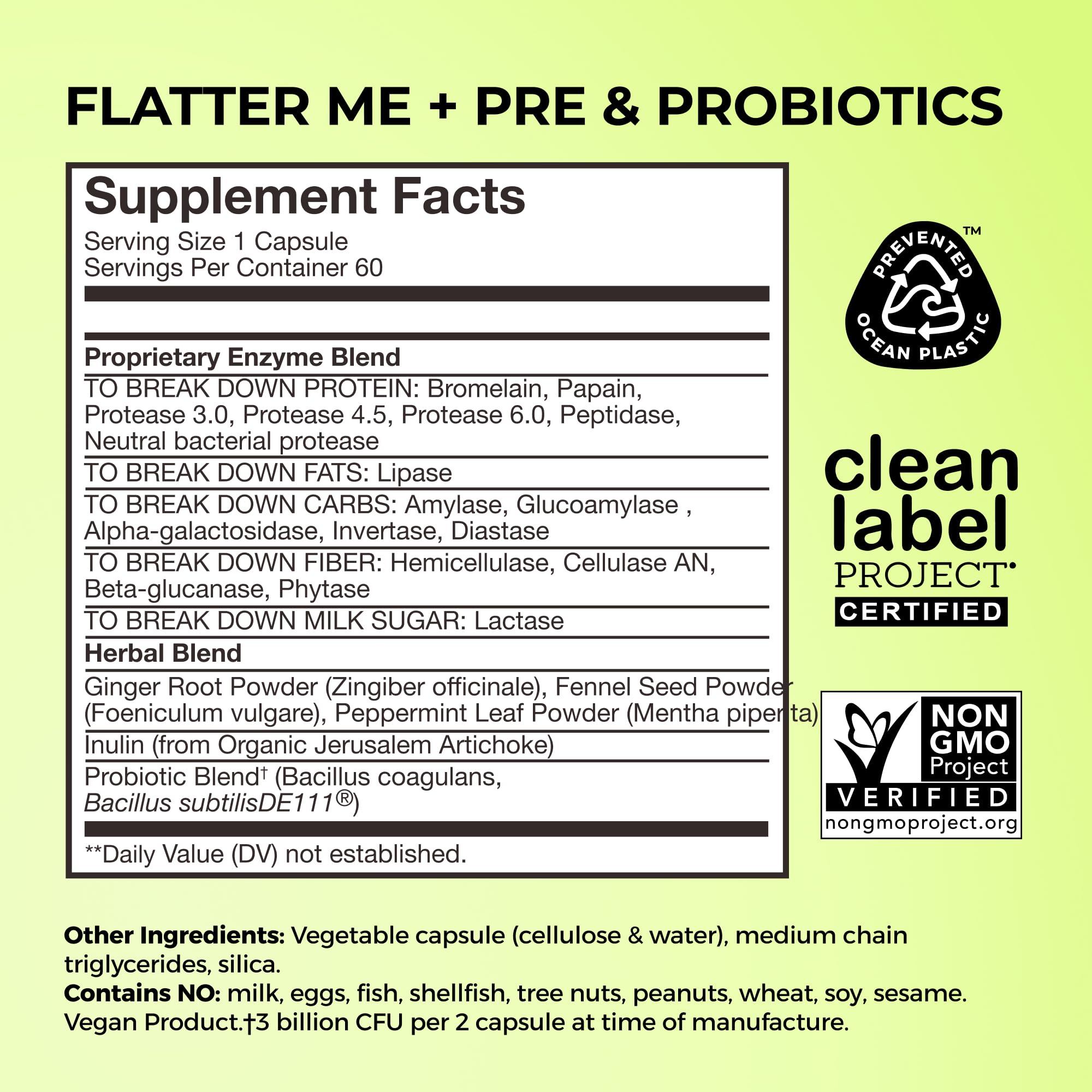HUM Flatter Me ingredients blend with ginger, peppermint, fennel for digestion support