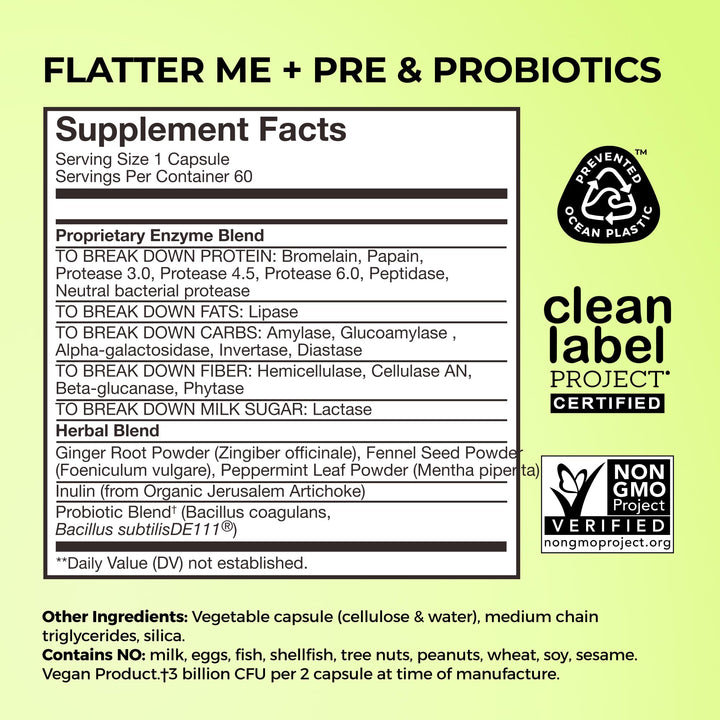 HUM Flatter Me ingredients blend with ginger, peppermint, fennel for digestion support
