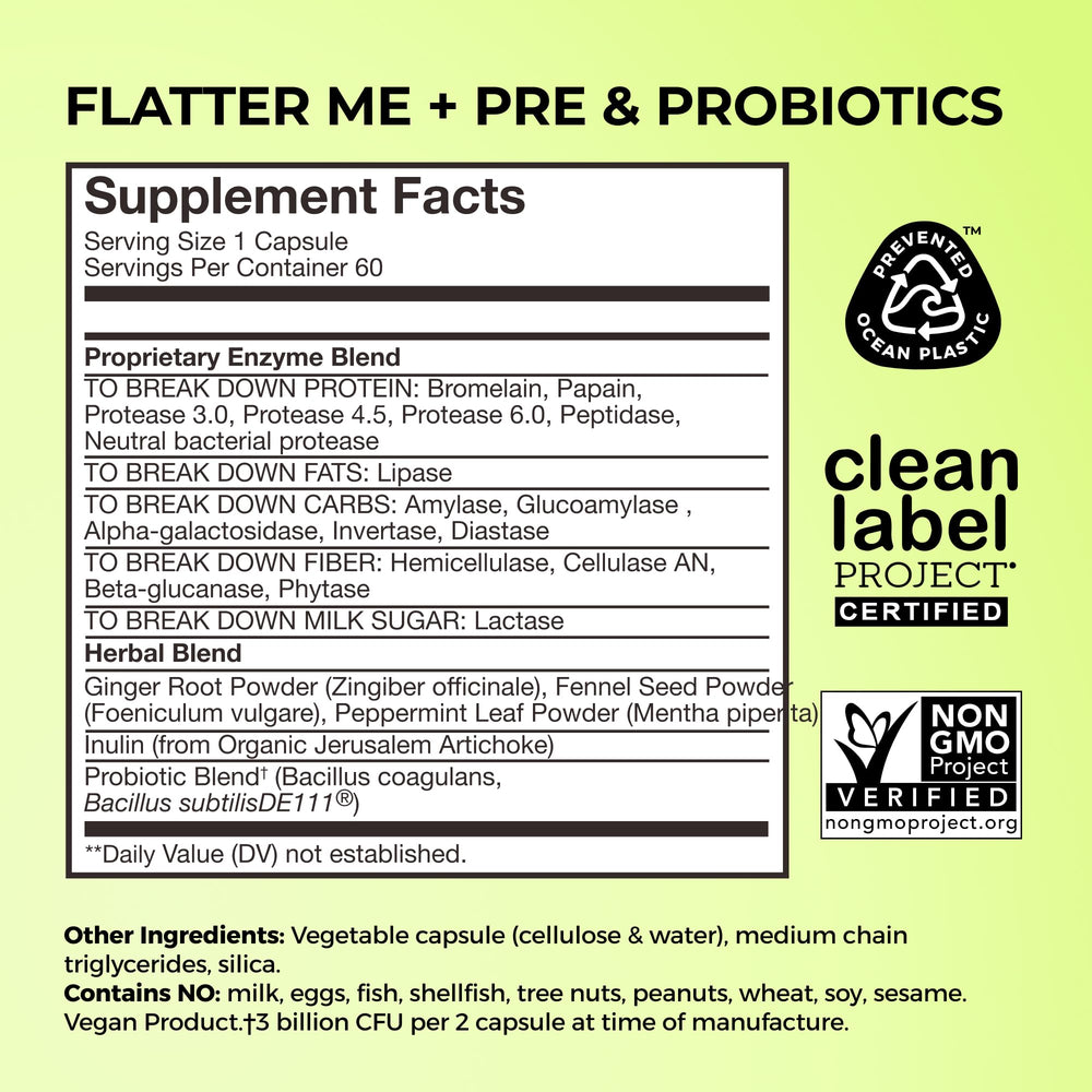 HUM Flatter Me ingredients blend with ginger, peppermint, fennel for digestion support