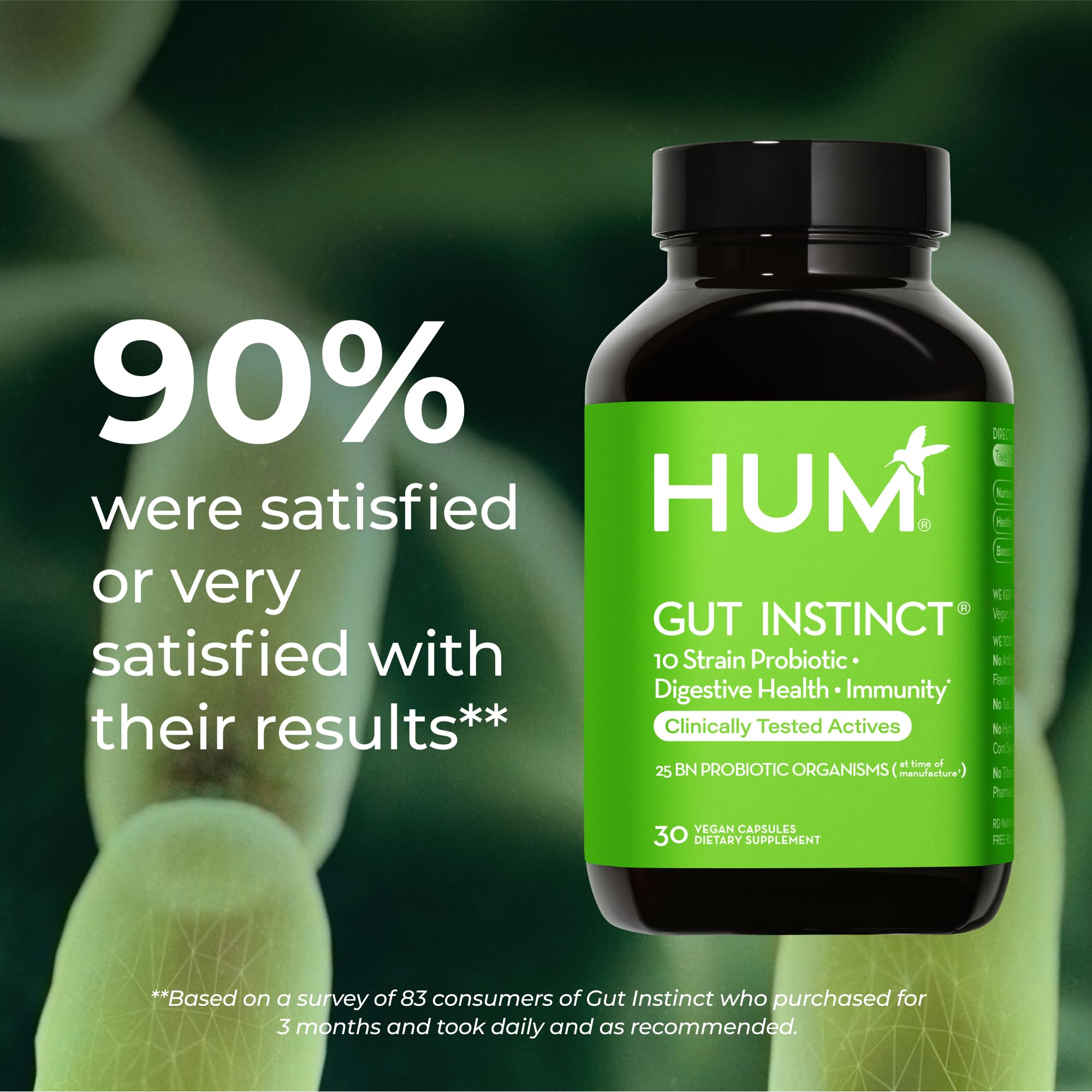 HUM Gut Instinct capsules close-up highlighting vegan probiotic formula