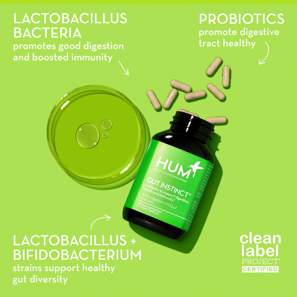 Close-up of HUM Gut Instinct capsules, vegan probiotic blend