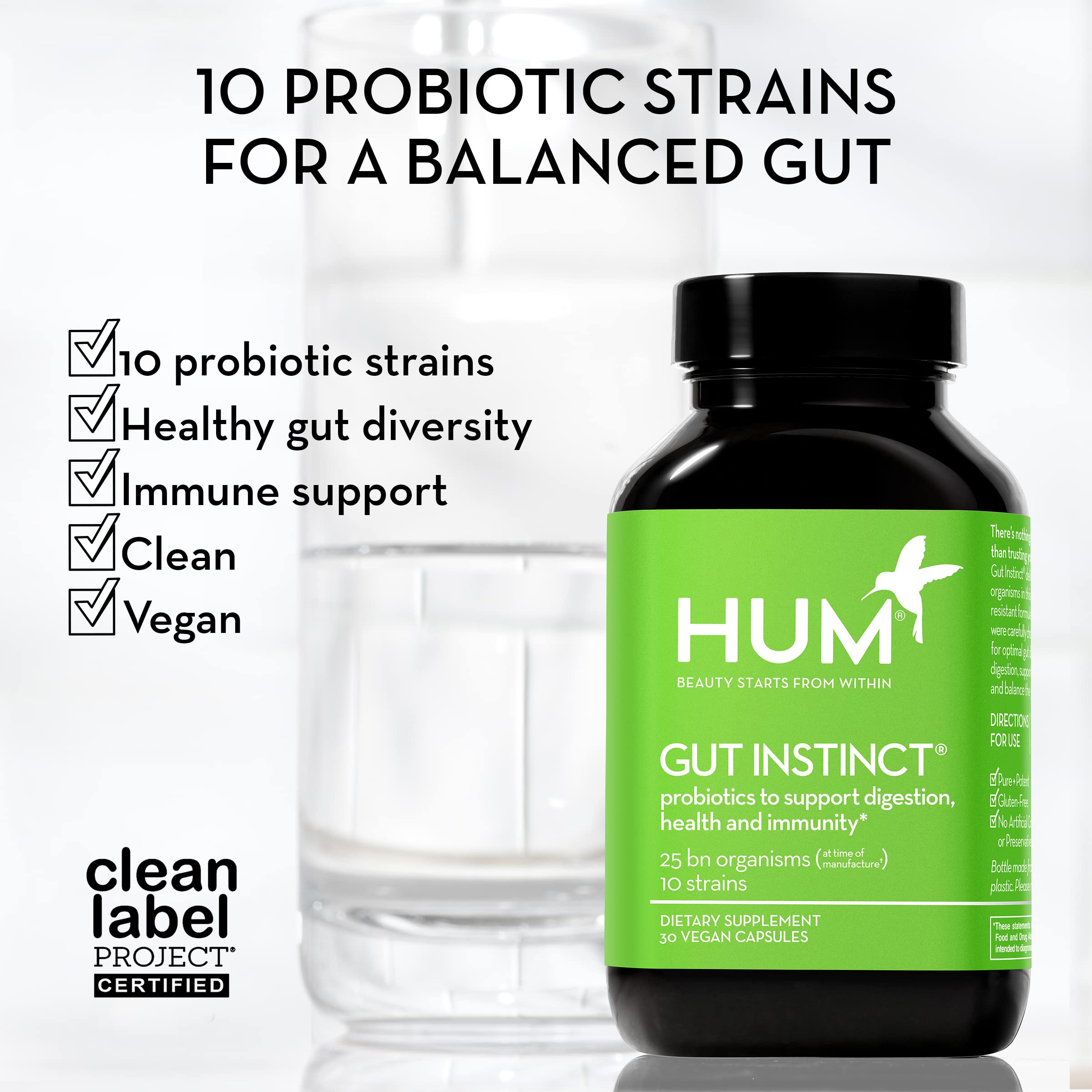 Packaging highlighting vegan certification for HUM Gut Instinct and quality