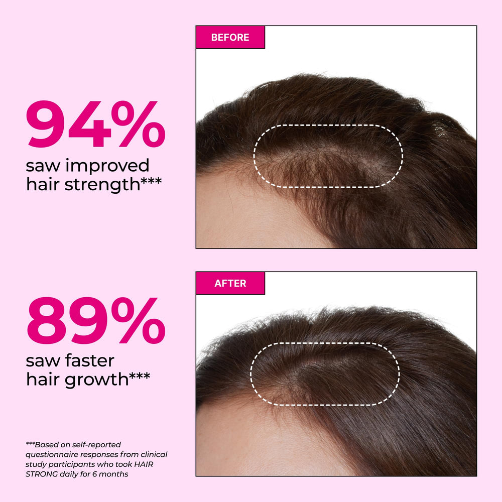 HUM Hair Strong bottle side label shows biotin, zinc, and B vitamins