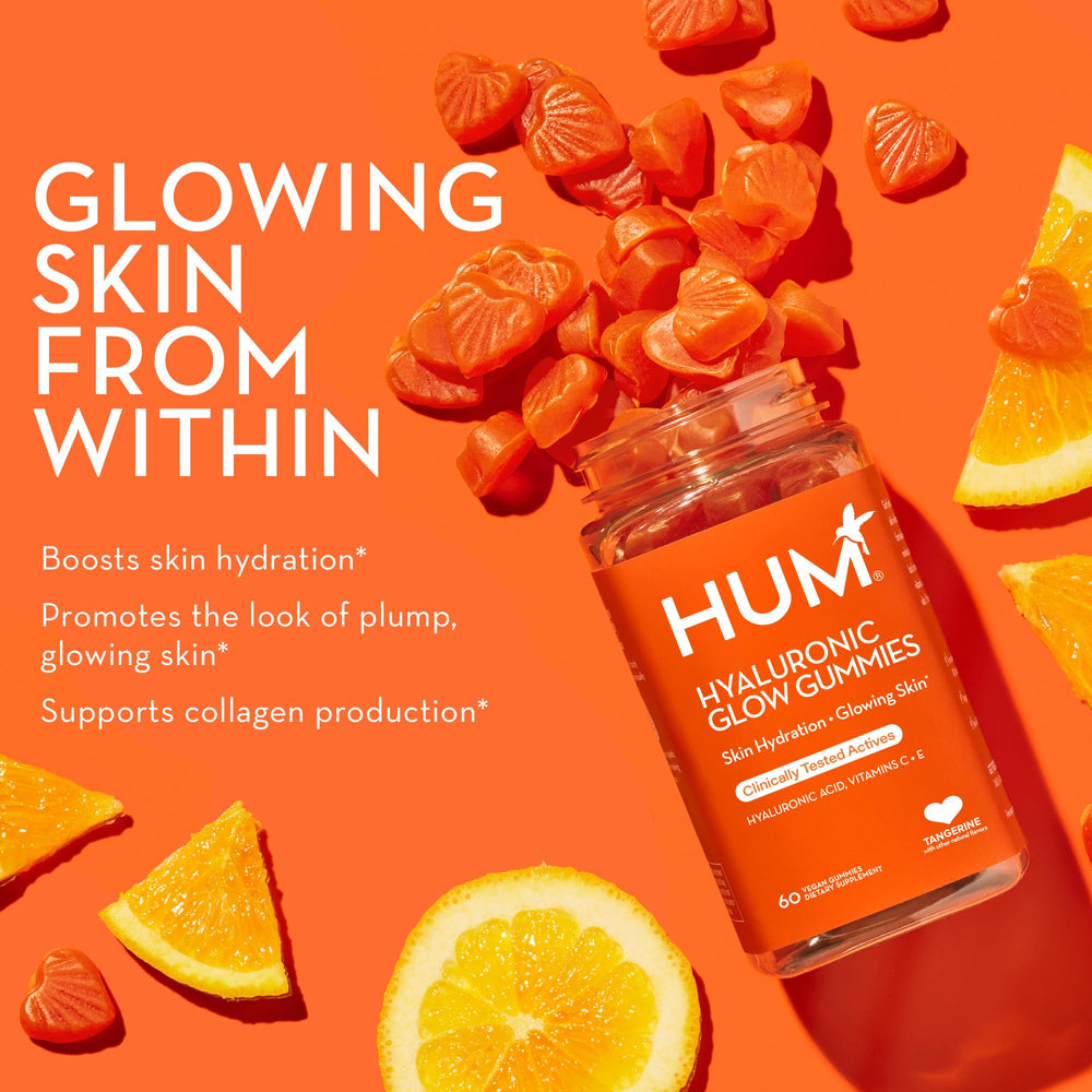 Tangerine label on HUM Glow bottle for flavor indication.