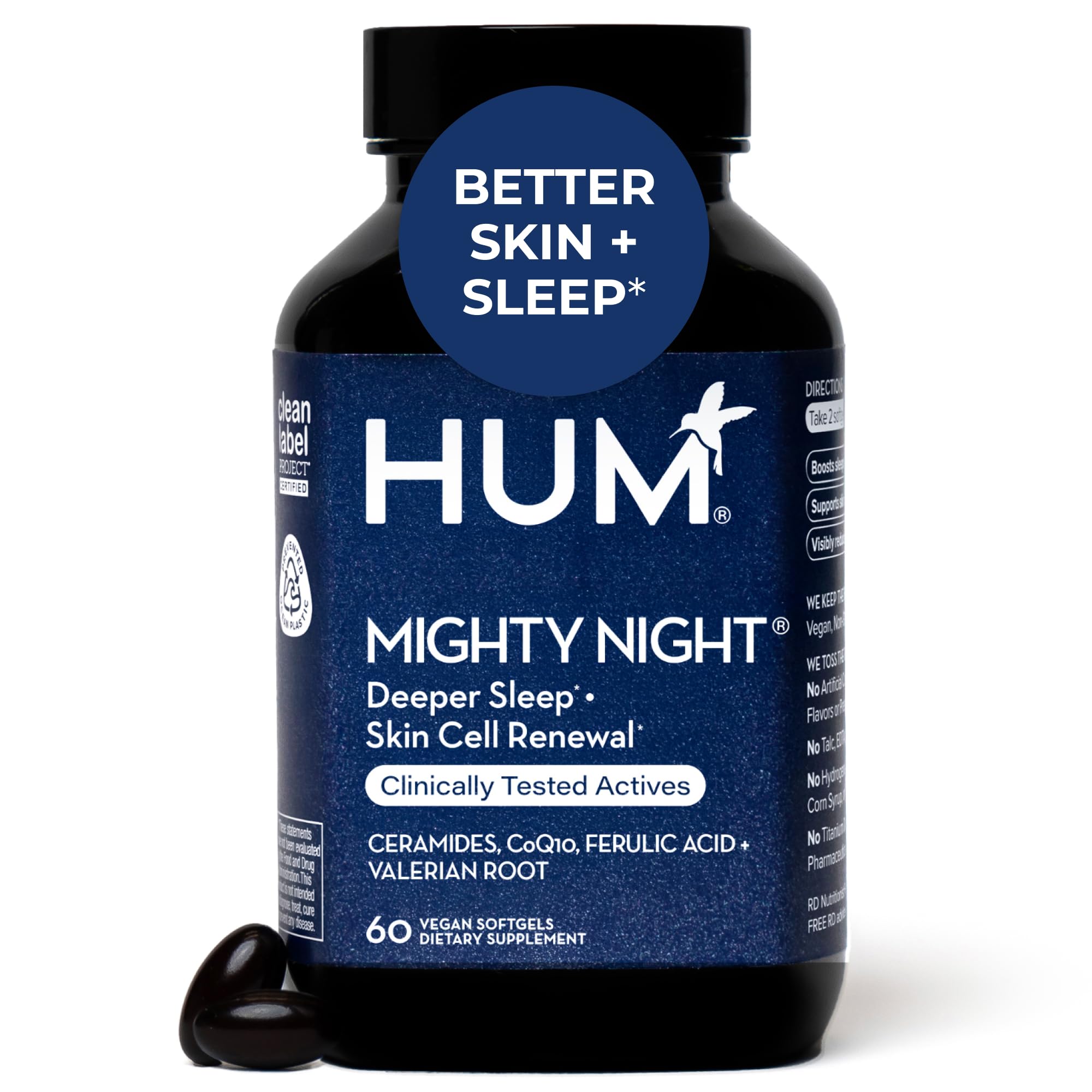 HUM Mighty Night bottle front signaling overnight skin hydration support
