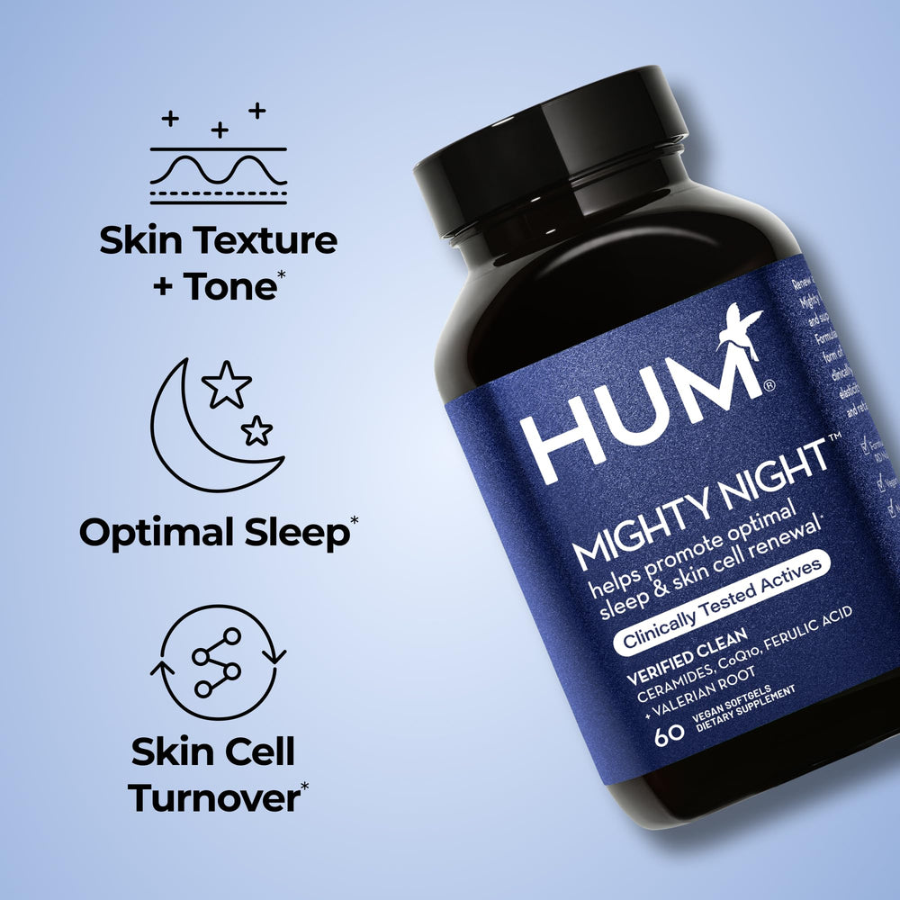 HUM Mighty Night capsules close-up show vegan softgels for easy nightly use