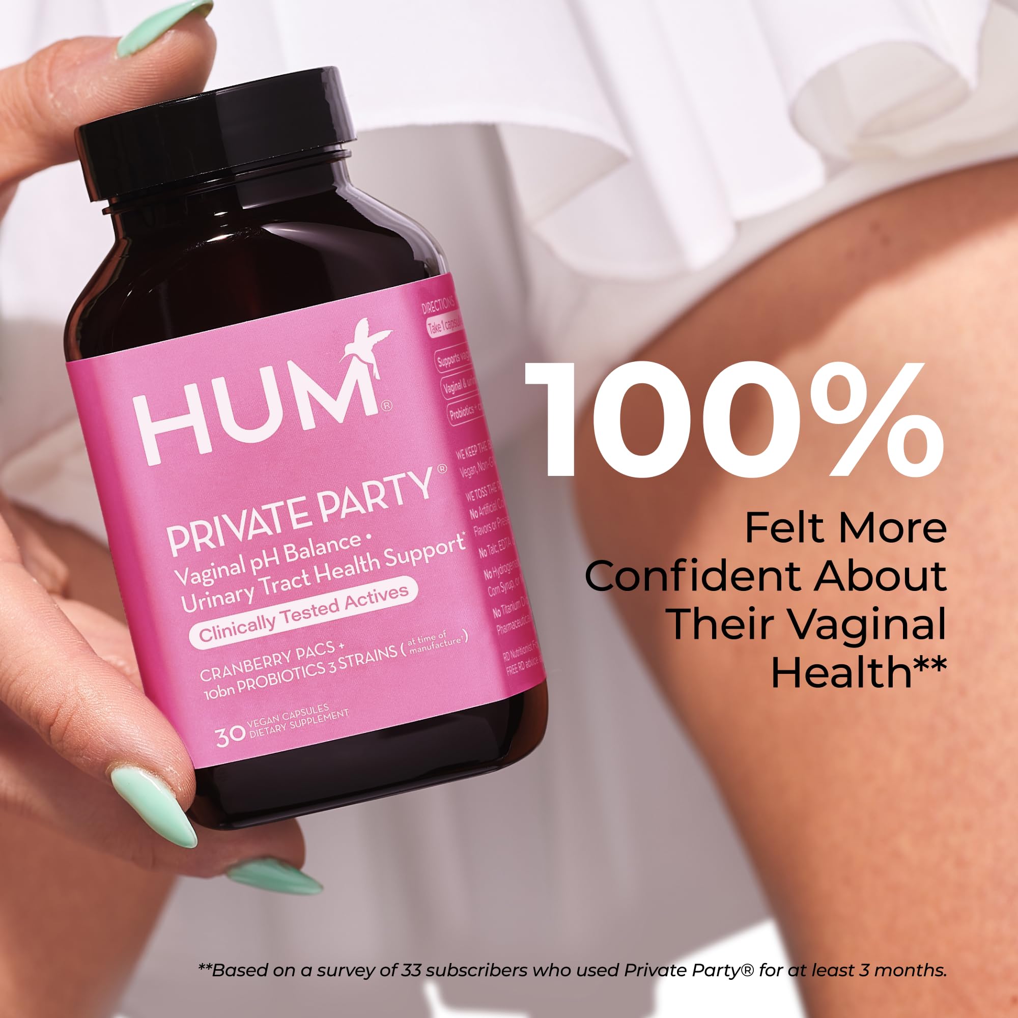 HUM Private Party capsule close-up, representing vegan and clean formulation.