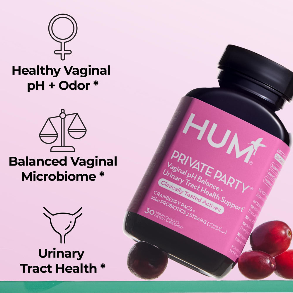HUM Private Party label view, highlighting cranberry and lactobacillus blend for urinary wellness.