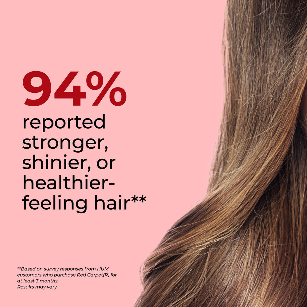 HUM Red Carpet bottle being poured, daily skin and hair support.