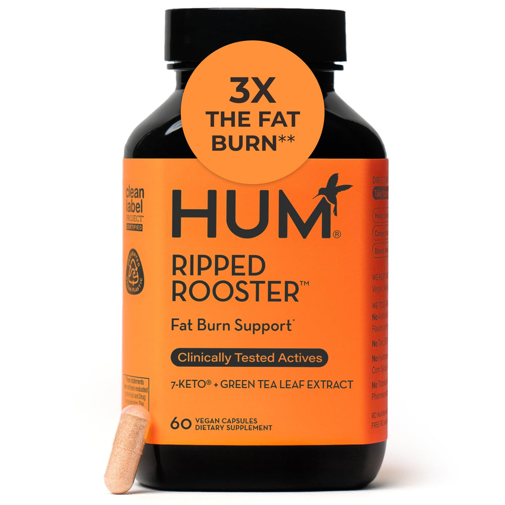 HUM Ripped Rooster green tea capsules on shelf for daily metabolism support.
