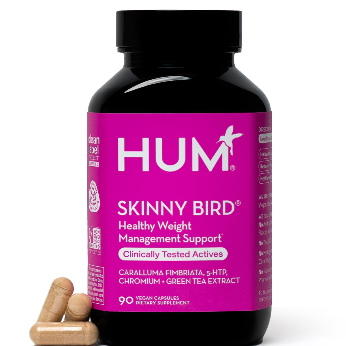 HUM Skinny Bird green tea extract capsules bottle supports daily appetite management.