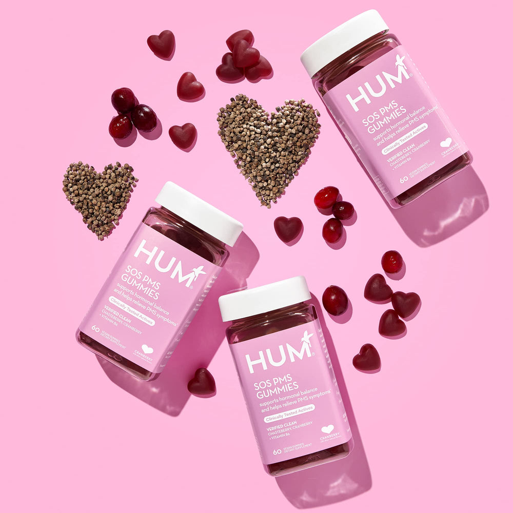 HUM SOS PMS Gummies cranberry chasteberry scene highlights natural ingredients