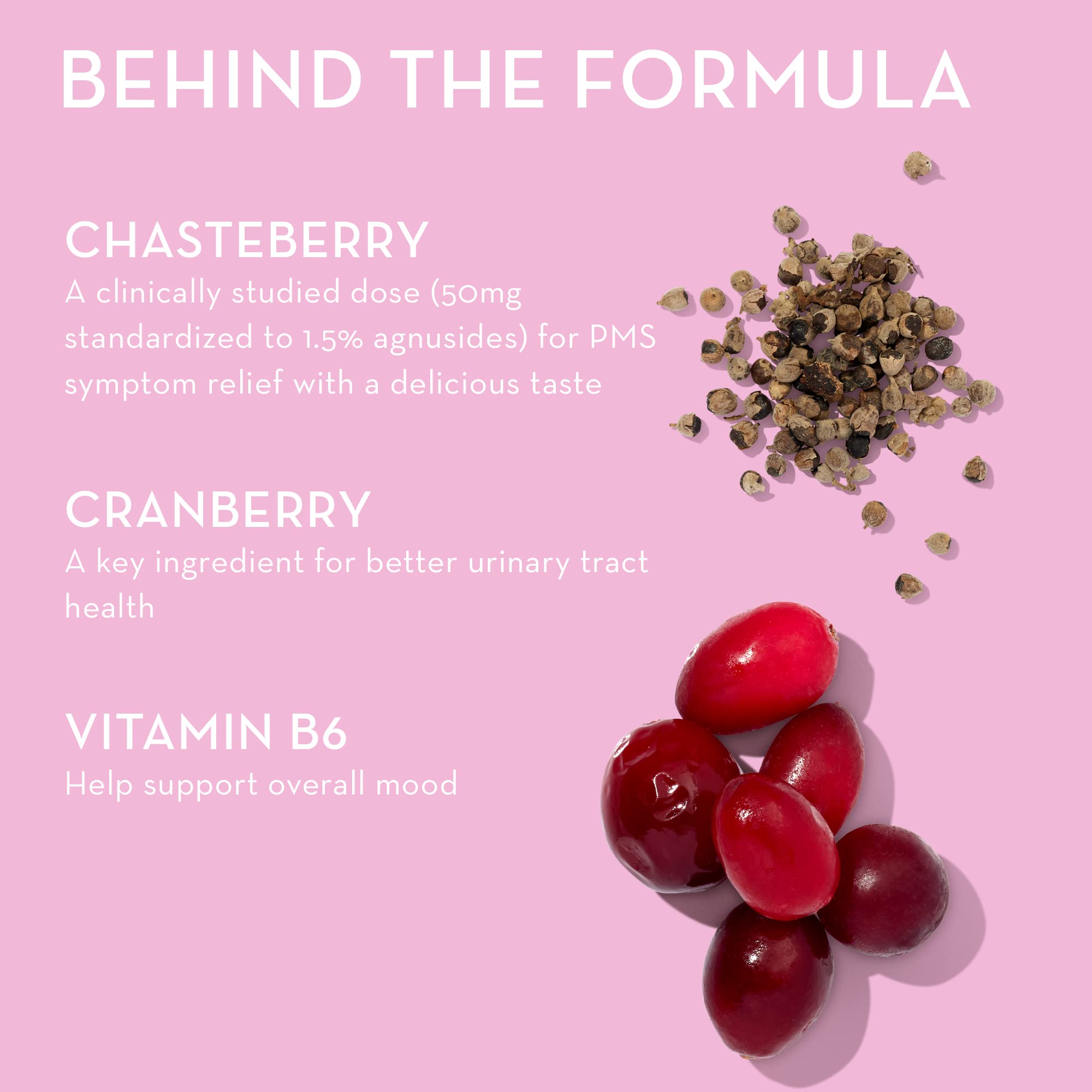 HUM SOS PMS Gummies ingredients scene shows chasteberry, B6, cranberry