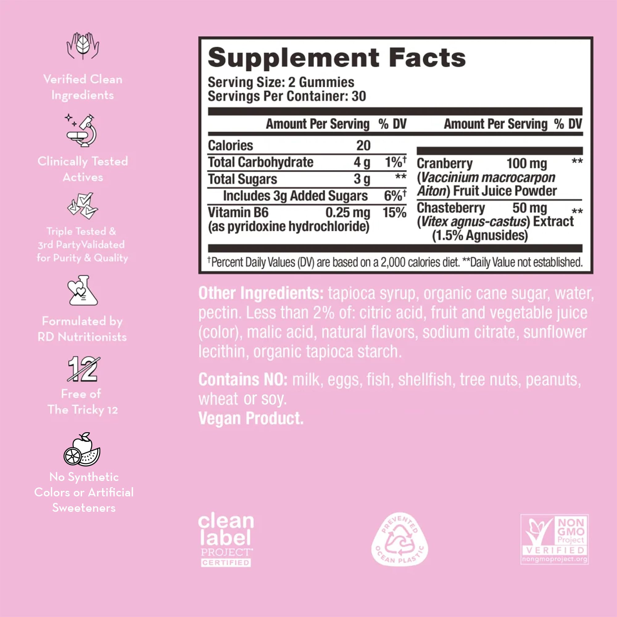 HUM SOS PMS Gummies label closeup highlights vegan gluten free formulation