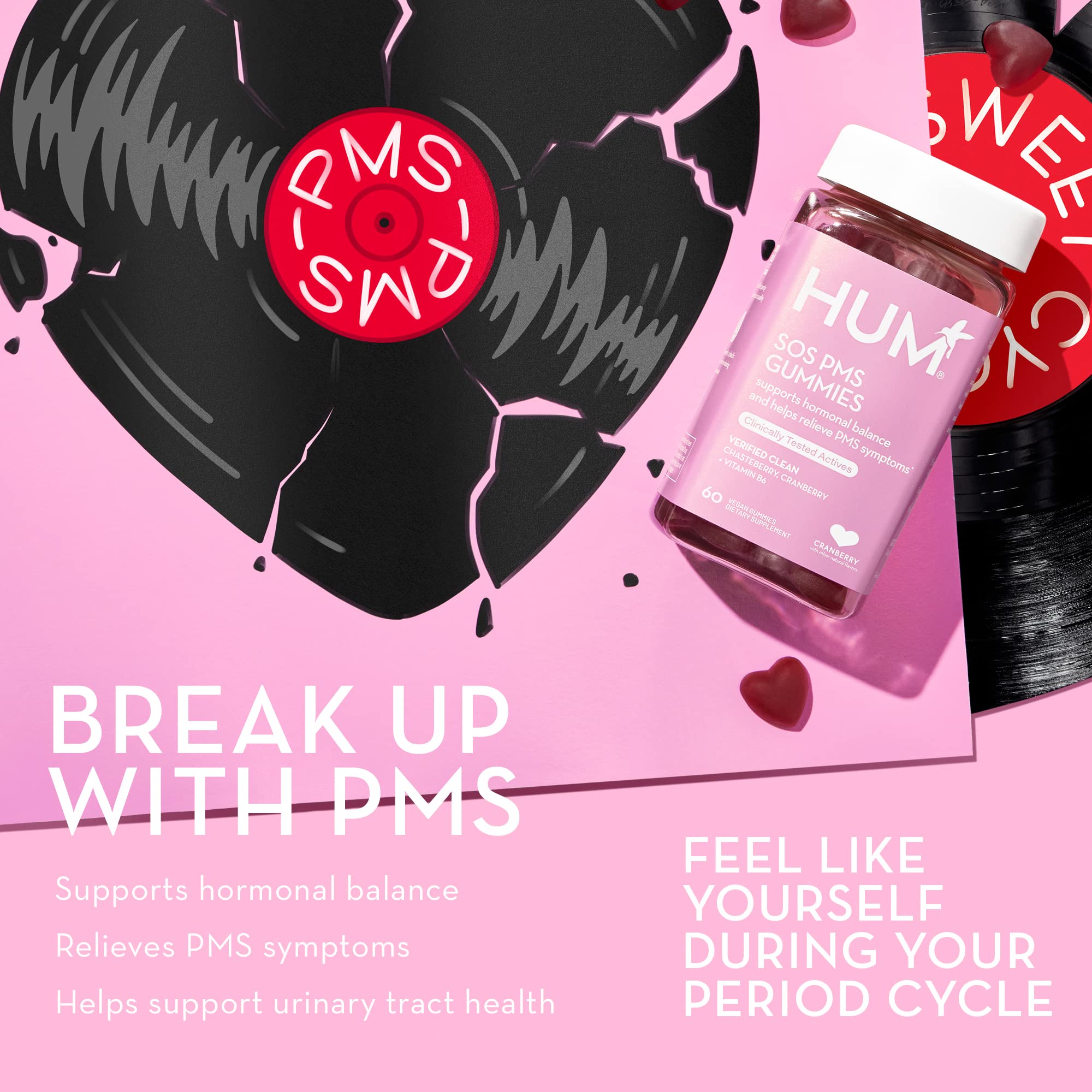 HUM SOS PMS Gummies vegan friendly badge emphasizes clean label