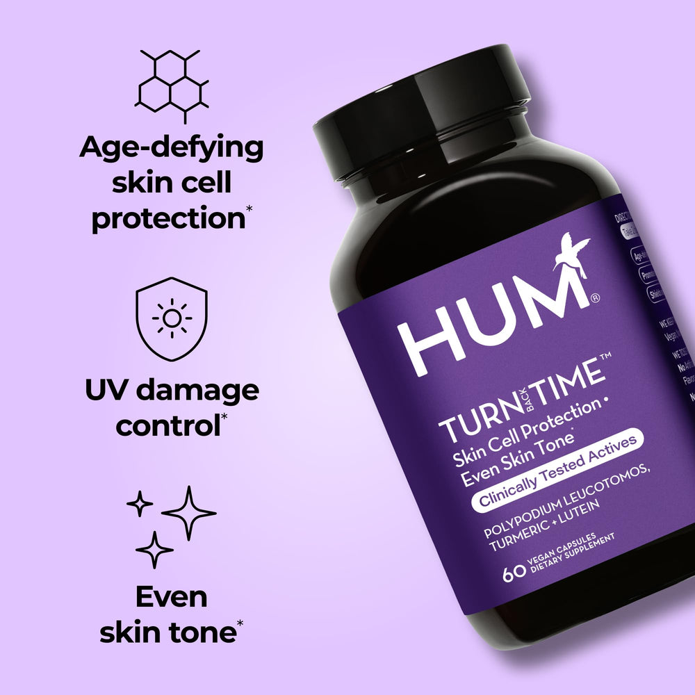 HUM Turn Back Time green tea extract capsules highlighting antioxidant skin defense.