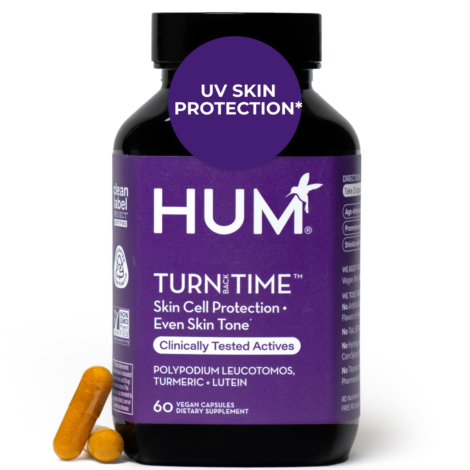HUM Turn Back Time turmeric bottle front view showing skin-support formula.