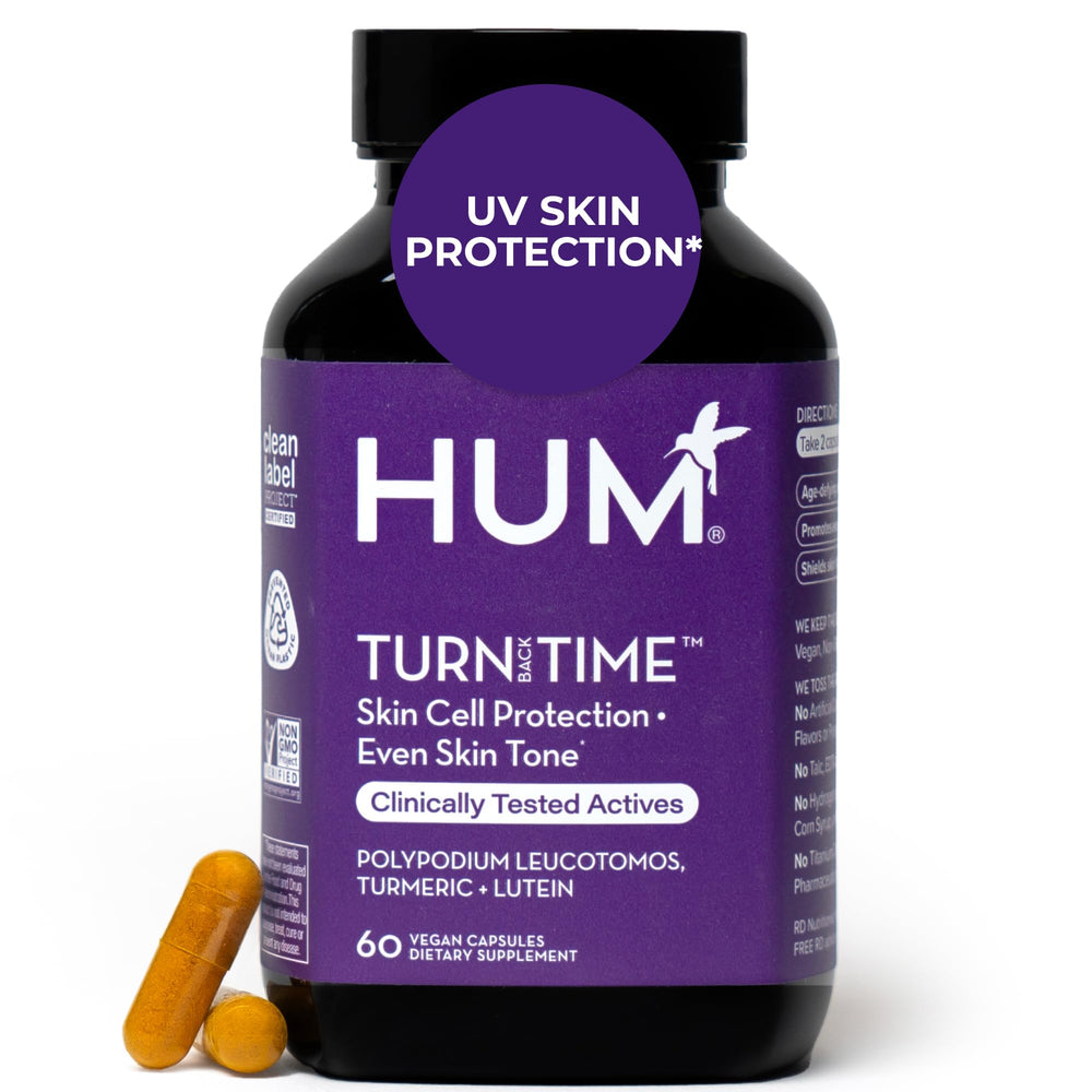 HUM Turn Back Time turmeric bottle front view showing skin-support formula.