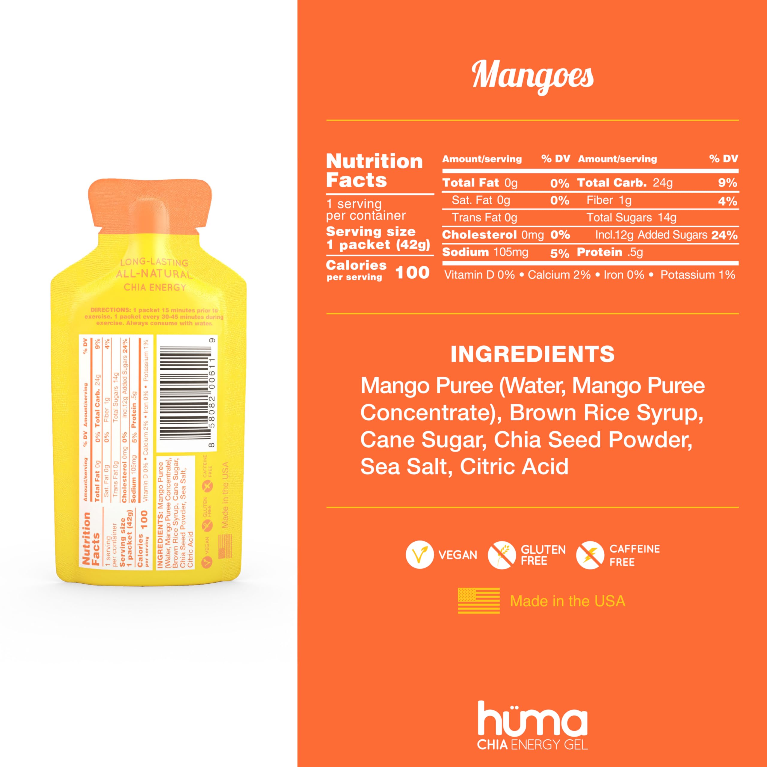 HÜMA Chia Energy Gel Mangoes ingredients close-up shows natural components.