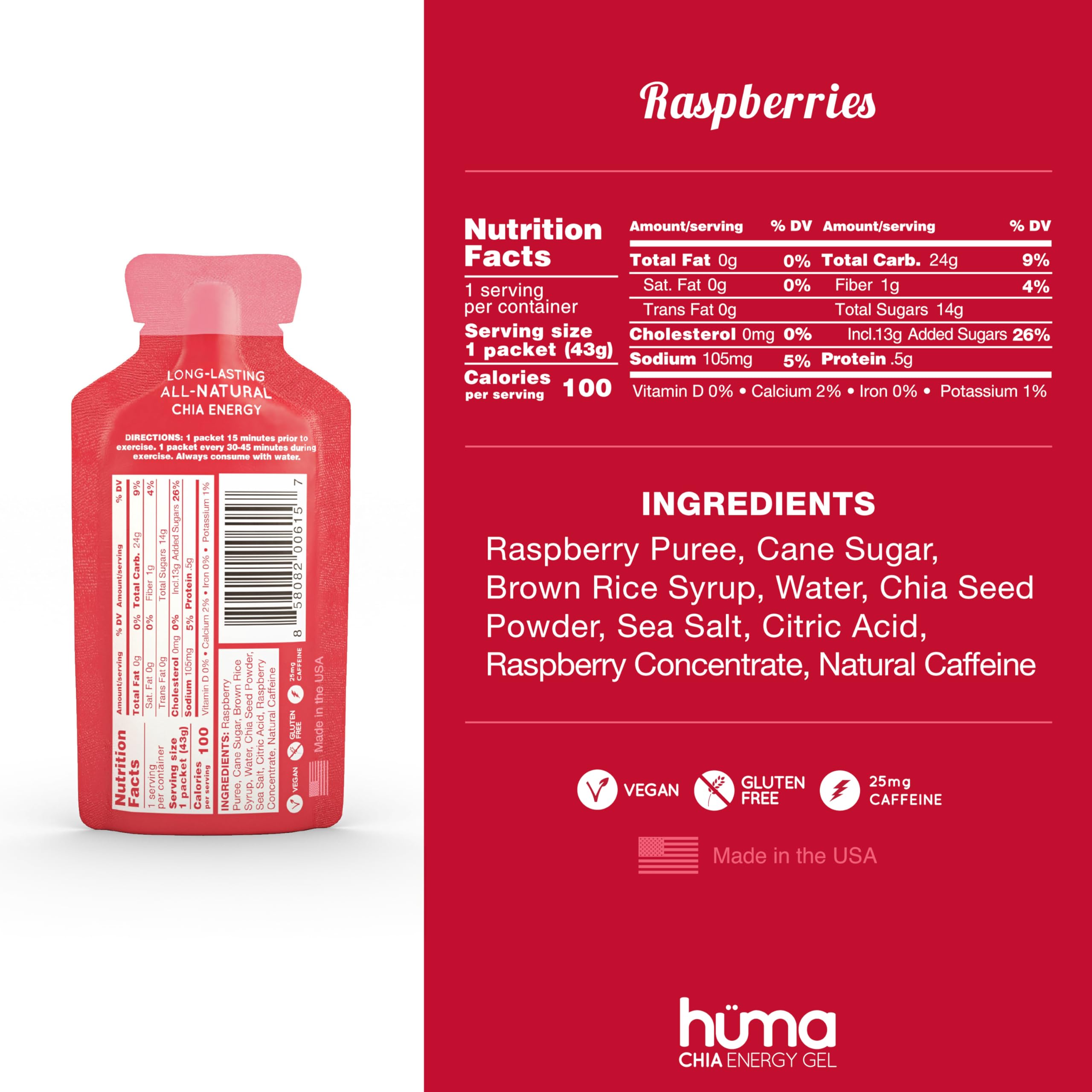 Hüma Chia Energy Gel Raspberry open pack highlights convenient on-the-go fueling