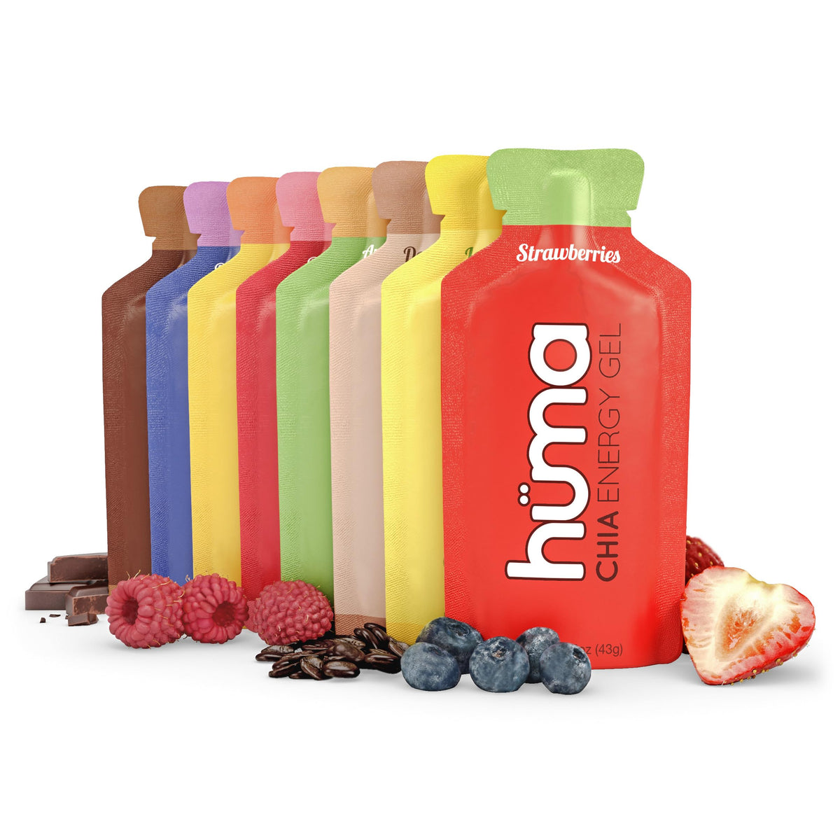 HÜMA Chia Energy Gel 24-pack box displayed for runners.