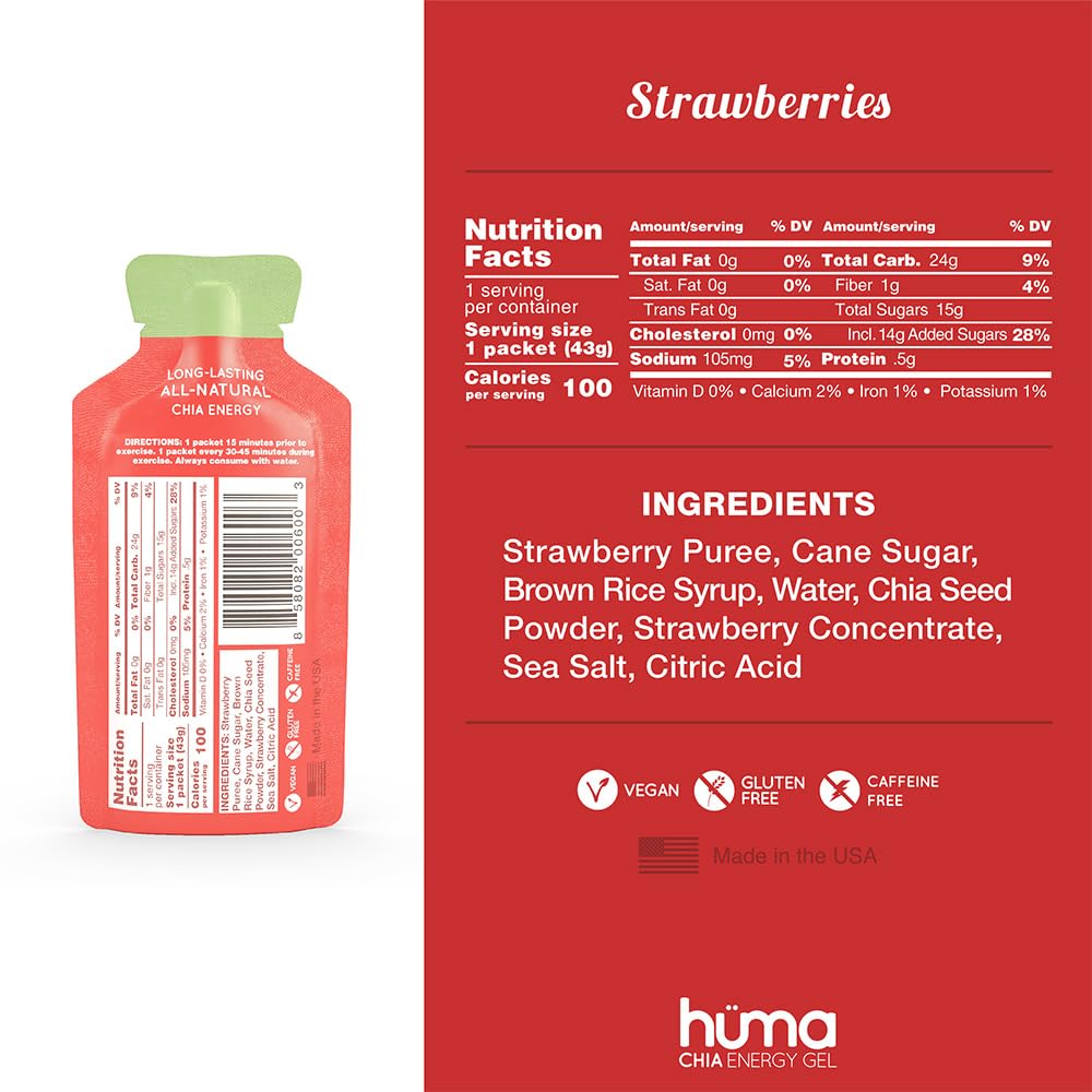 Assorted HÜMA gel sachets show natural fruit flavors and real-food energy.