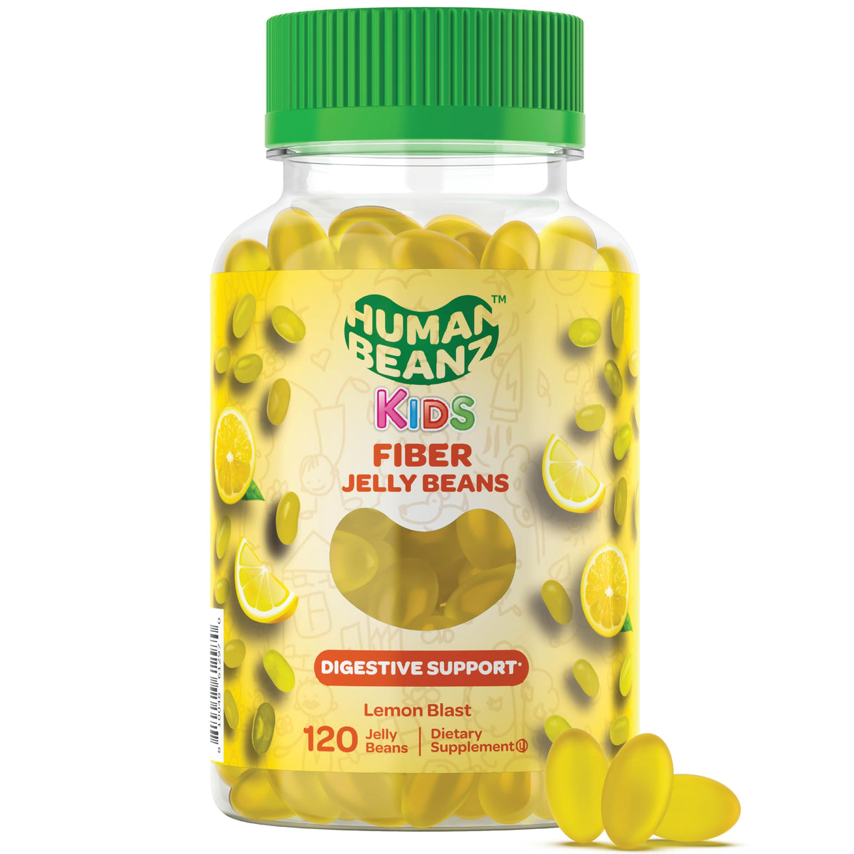 Human Beanz Fiber Jelly Beans packaging shows kid-friendly design for daily fiber support.