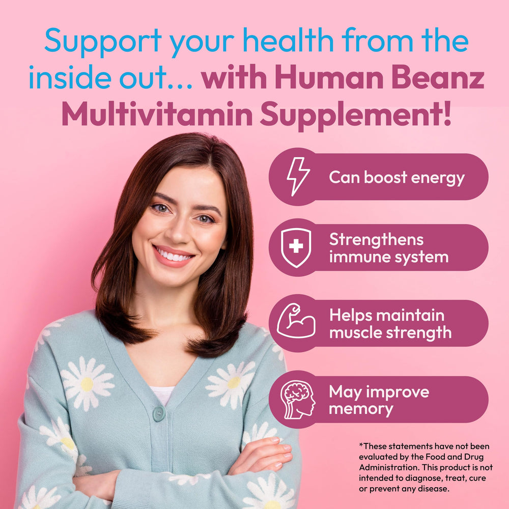 Human Beanz jelly beans hand serving shows chewable daily supplement convenience.