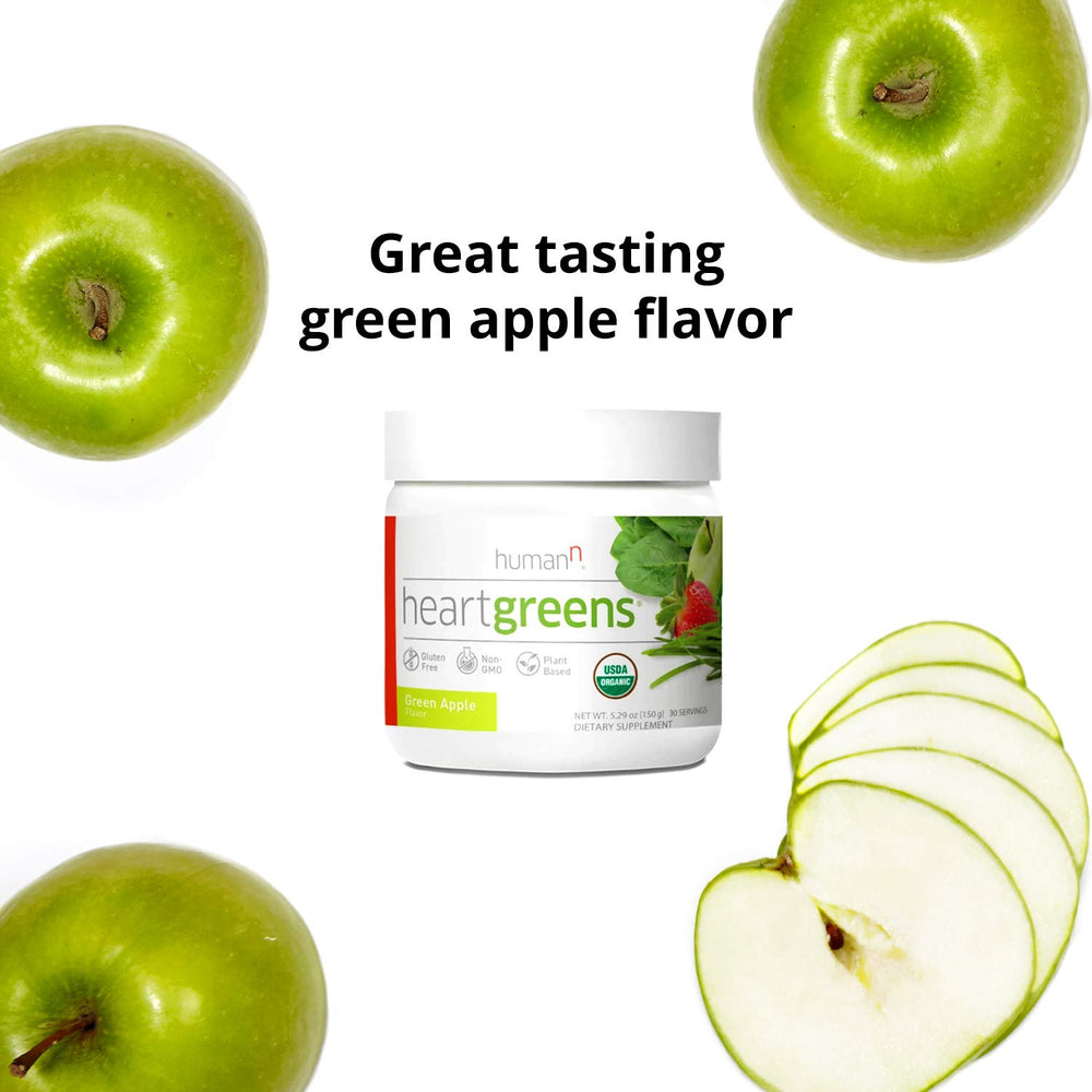 Humann HeartGreens label highlights USDA Organic and Non-GMO credentials.