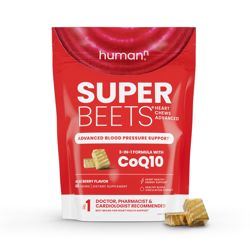 Humann humanBeets Heart Chews bottle closeup for easy daily heart support.