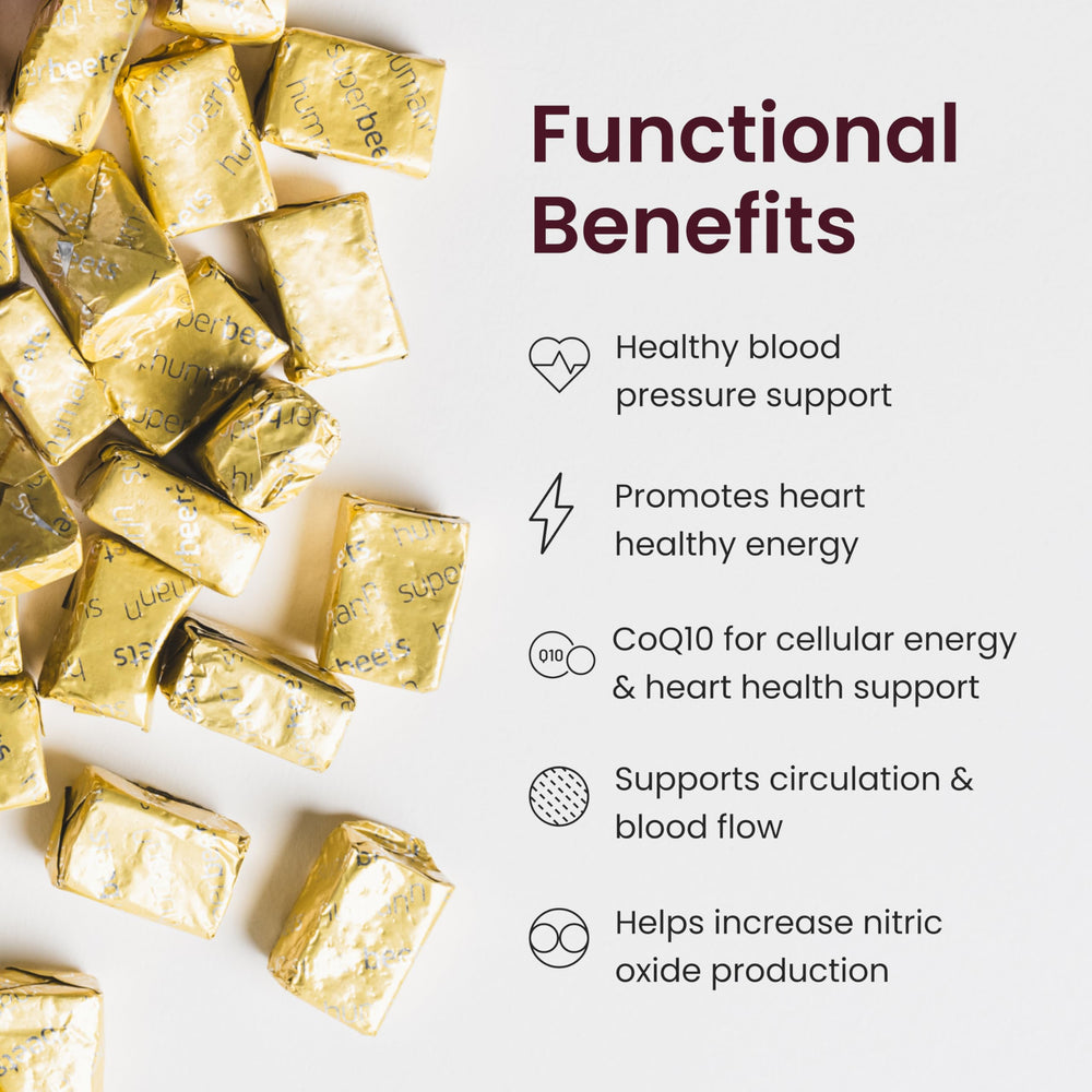 Humann humanBeets Heart Chews bottle pour showing convenient daily use.
